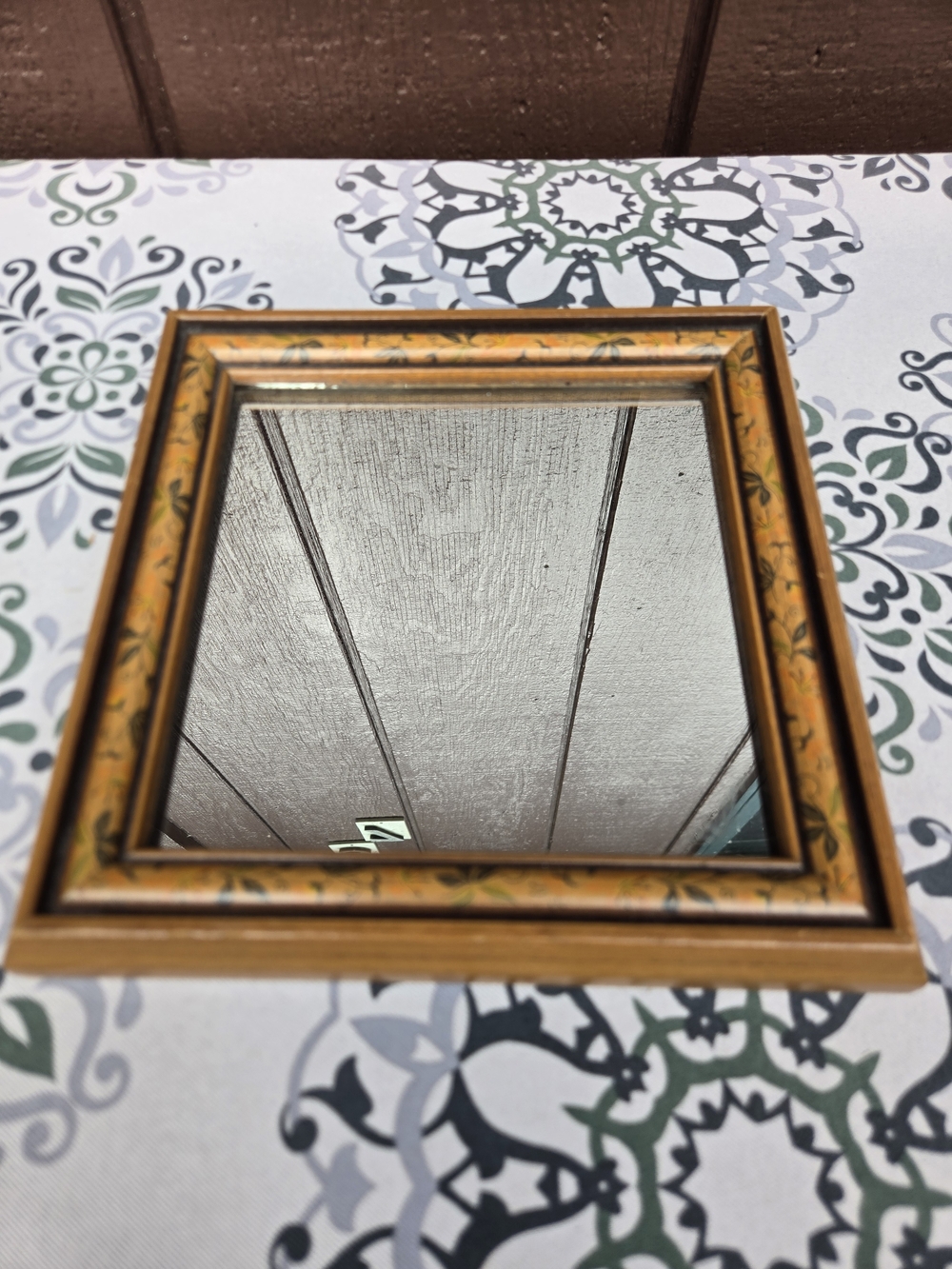 Vintage Square Mirror With Floral Border Design On Wood Frame